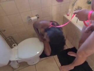 Human toilet indian strumpet get pissed on and get her head flushed followed by sucking putz